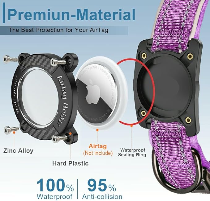Upgraded AirTag Dog Collar, IP68 Waterproof Dog Collar with Apple Air Tag Holder, Reflective Adjustable Heavy Duty Dog Collars with Soft Padded for Small, Medium and Large Dogs,Purple, L