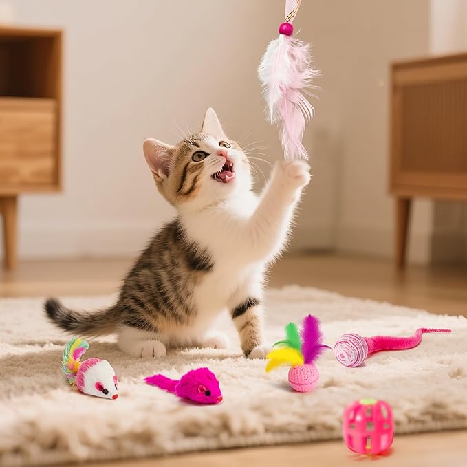 MALLMALL6 Cat Interactive Toys Set - 27Pcs Kitten Toys Stuff Pink Feather Teaser Wand Springs Mice Sisal Fish Crinkle Balls Bell Balls, Puzzle Gift Pack for Indoor Kitty Play Exercise