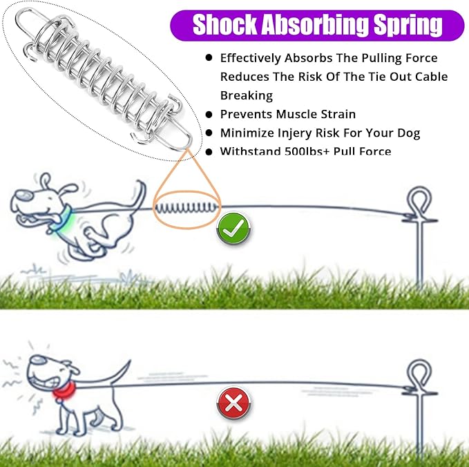 Jenico Dog Tie Out Cable, 10-150FT Runner Cable with Swivel Hook and Shock Spring, Yard & Camping Dog Leash Tether for Small to Medium Pets Up to 500 LBS