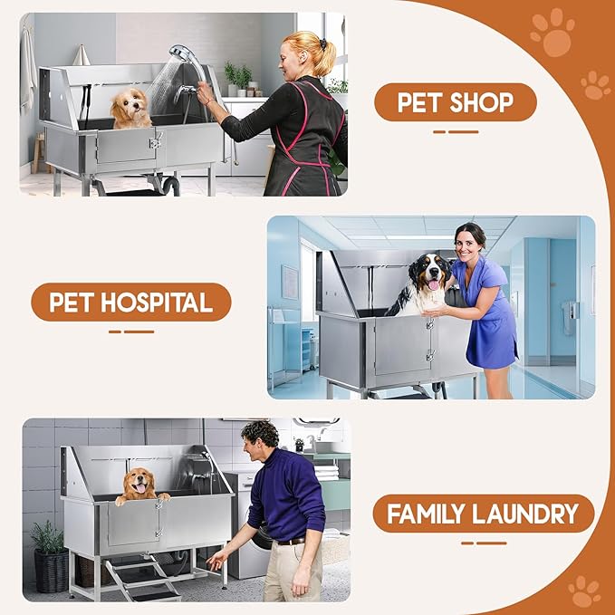 Albott 50 Inch Stainless Steel Dog Washing Station with Non-Slip Steps, Sprayer, Faucet, Soap Box – Professional Pet Bathtub for Small and Medium Pets, Use at Home, Garage, or Grooming (Right Door)