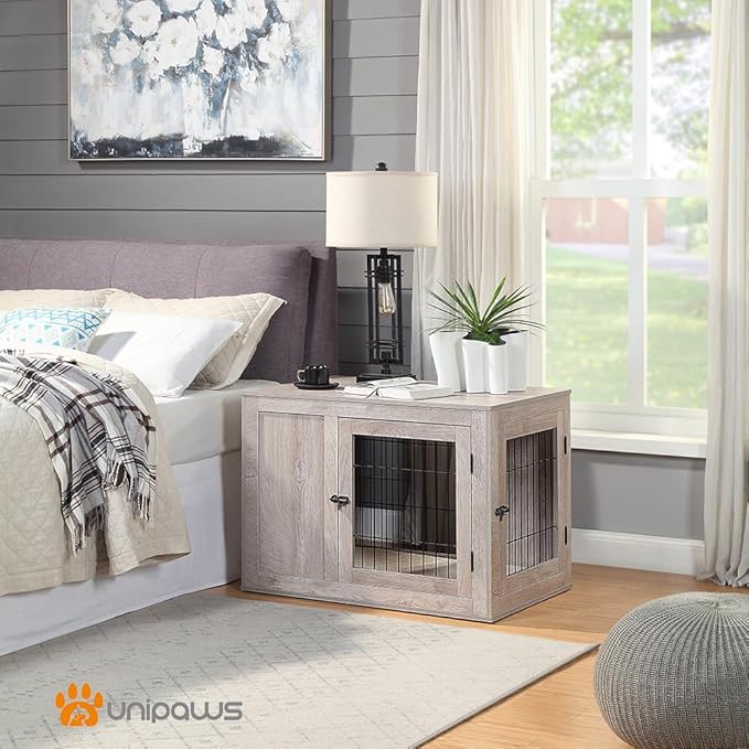 unipaws 36 Inch Furniture Style Dog Crate for Medium Dogs, Indoor Puppy Kennel with Door, Modern Decorative Wood Wire Pet Cage, Pretty Cute End Side Table Nightstand, Weathered Grey