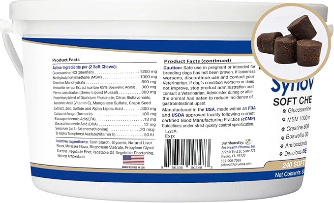 Synove Max Soft Chews for Dogs (240 Count) Beef Flavor, Joint Supplement, Glucosamine, Turmeric, Boswelllia serrata, Creatine Naturally Derived Ingredients better than synovi g4 soft chew