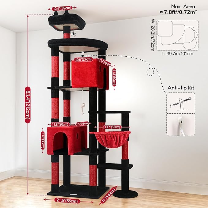 Globlazer Gohtic Giant Cat Tree, 83 inch Goth Cat Tree for Indoor Cats Large Adult, XXL Cat Tower with 9 Scratching Posts for 20lb+ Heavy Duty Large Adult Cats, F83, Blood-Goth