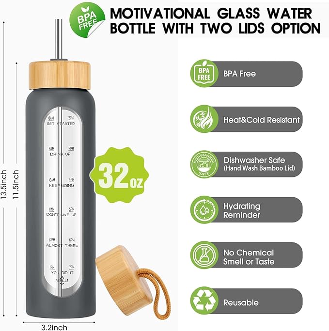32 oz Glass Water Bottle with Straw - Motivational Time Marker & Silicone Sleeve - Reusable Tumbler Includes 2 Bamboo Lids & Fruit Infuser - 1 Pack