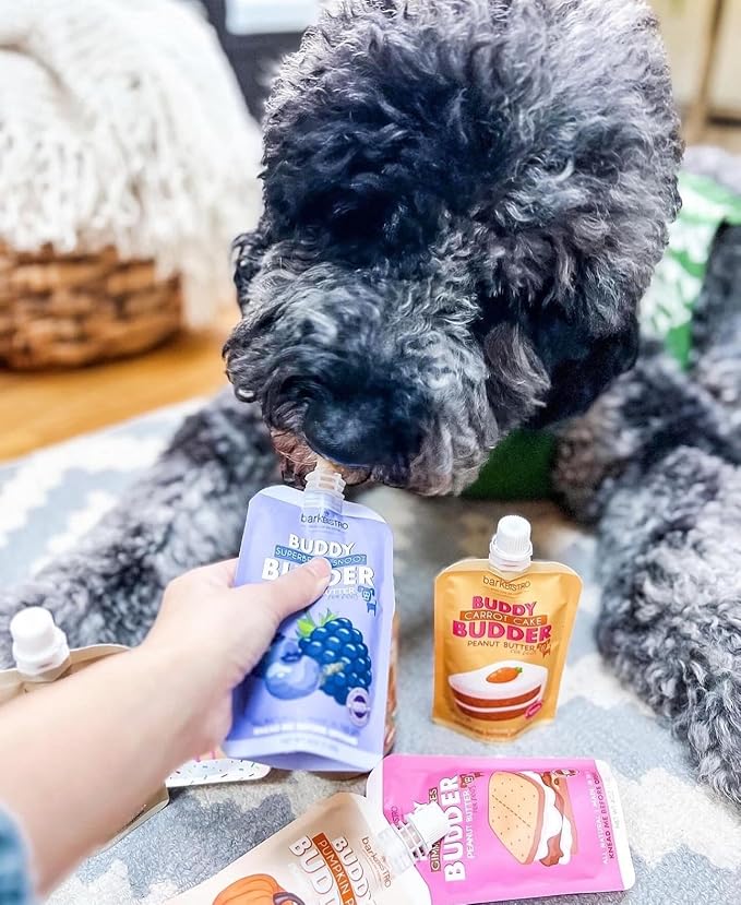 BUDDY BUDDER 6 Pack Mixed Flavor Squeeze Packs, 100% Natural Dog Peanut Butter, Healthy Peanut Butter Dog Treats, Made in USA, (4oz Packs)