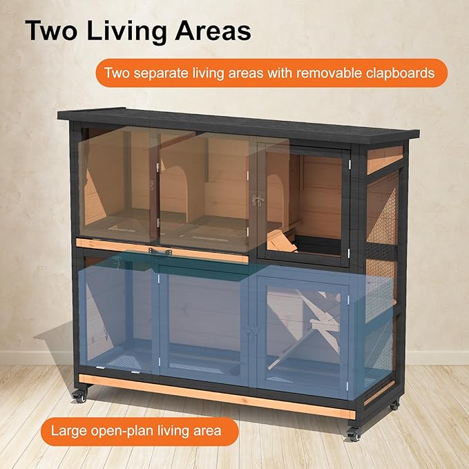 47.3" Two Story Rabbit Cage Bunny Cage Indoor, Wooden Rabbit Hutch Hamster Cages for Small Animals, Outdoor Guinea Pig Cages with Wheels & 2 Removable Trays & Bottom Wire Mesh