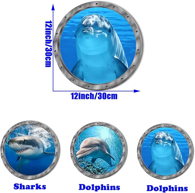 Ocean Animals World Under Sea Decor Includ Dolphins Sharks 3 Pcs Removable 3D Peel and Stick Vinyl Stickers for Bathroom,Wall Decor,Wall Stickers,Bedroom,Furniture