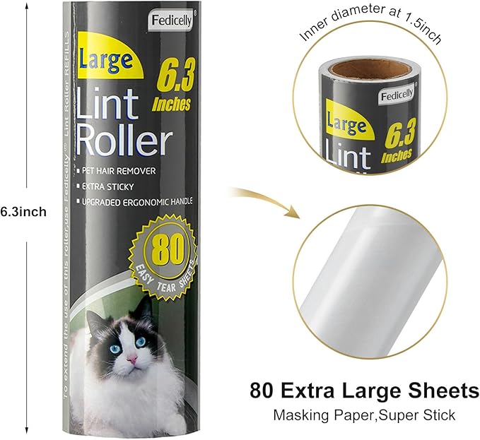 Fedicelly Lint Rollers Pet Hair Extra Sticky Floor with Long Handle,Large Cat Dog Hair Remover Laundry Clothes Carpet Furniture,6.3 inches Wider with 320 Sheets Giant Lint Remover Brush for Couch