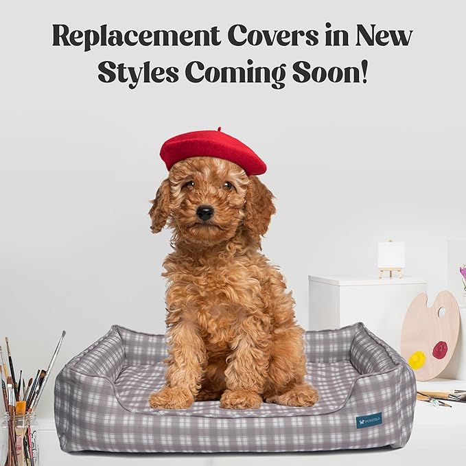 Orthopedic Bolster Dog Bed – CertiPUR-US Foam, Recycled Polyester Canvas, Washable Cover, Anti-Slip Bottom, Medium, Light Blue Check – Stylish Designer Dog Sofa