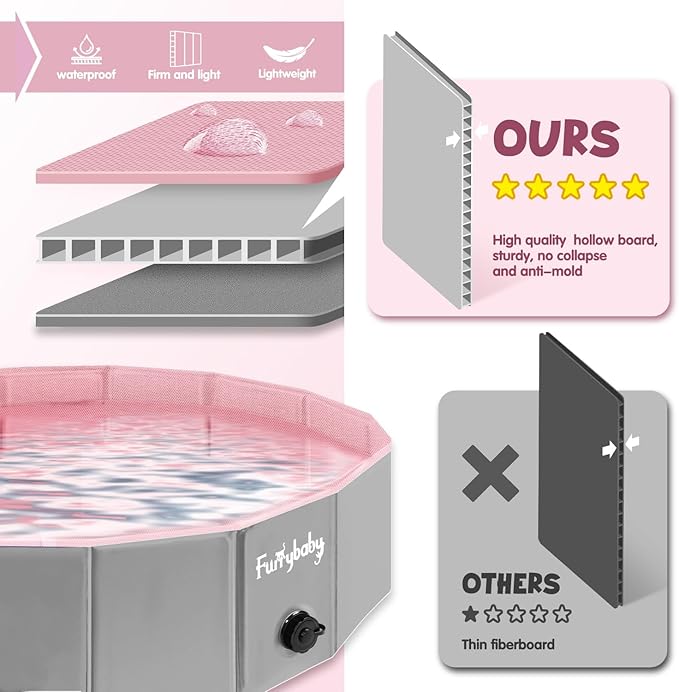 Furrybaby Dog Pool, Kiddie Pool Hard Plastic Foldable Dog Pools for Large Dogs Portable Pet Doggie Wading Swimming (Pink 47'') Indoor and Outdoor