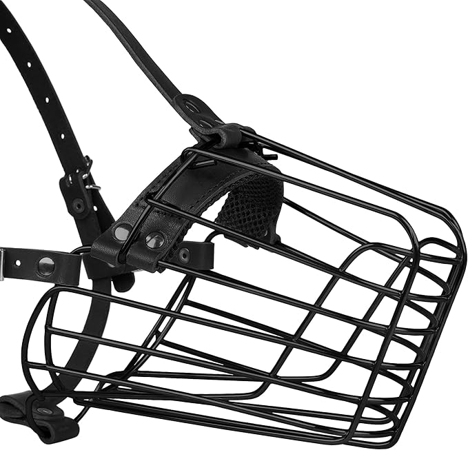 German Shepherd Dog Muzzle Metal Basket for Medium Large Dogs Adjustable Durable Leather Straps Secure Wire Mask for Biting Chewing Barking (Black, L - Size)