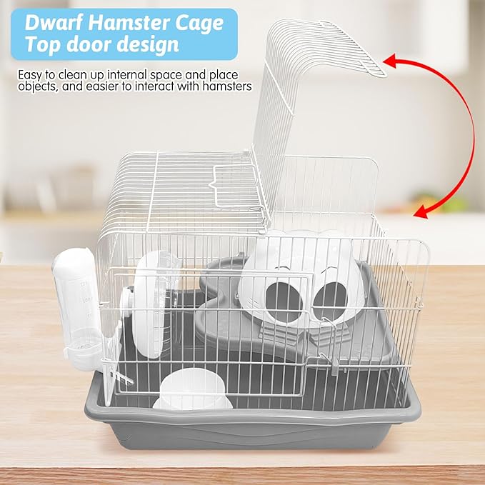 PINVNBY Dwarf Hamster Cage, Small Animal Cages, 2-Tier Travel Portable Mouse Cage Hamster Carrier with Castle House Running Exercise Wheels, Water Bottle and Food Dis（Gray）