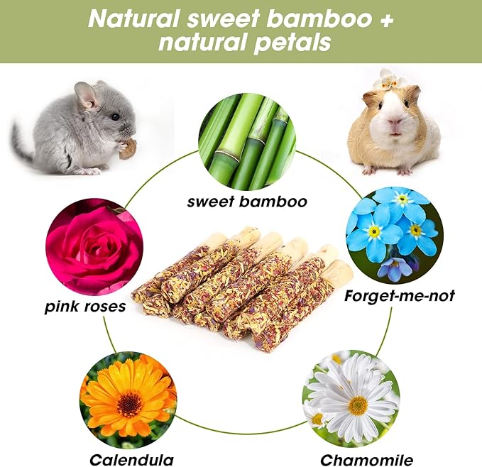 Abizoo Natural Rabbit Chew Toys,10 Sticks Sweet Bamboo Sticks for Rabbits with Petals,Bunny Chew Toys for Guinea Pig,Chinchilla,Hamster Treats Pet Wood Chews Snack Healthy Small Animals Toys for Teeth