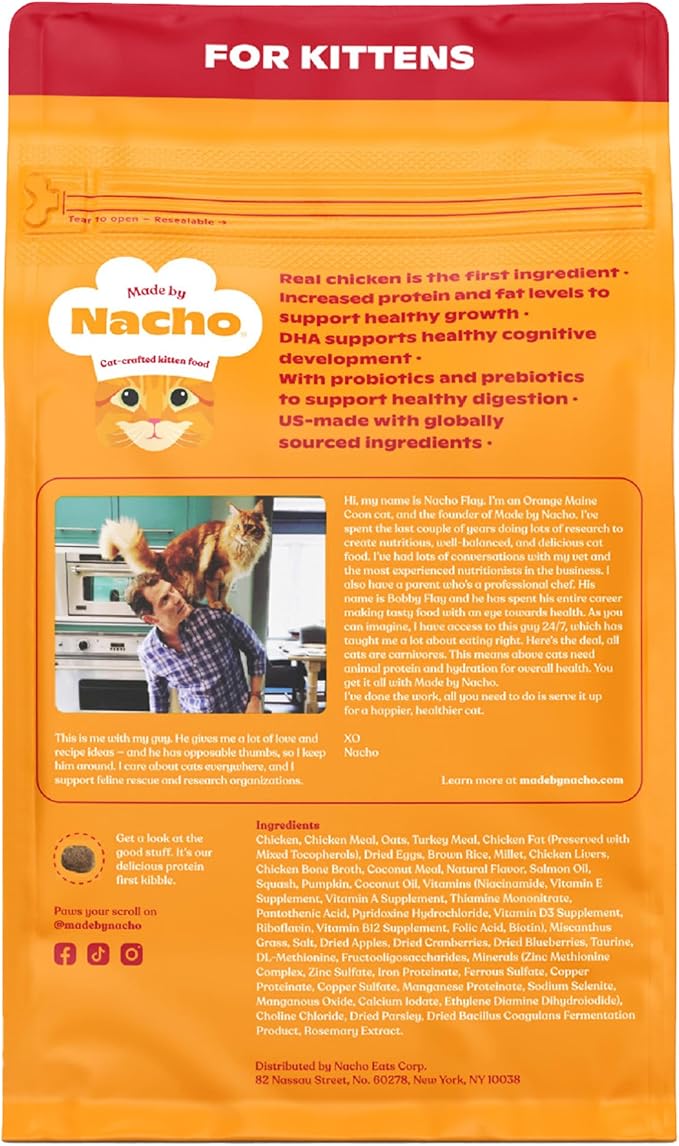 Made by Nacho Kitten Dry Kibble Infused with Bone Broth, Healthy High Protein Cat Food, Cage-Free Chicken and Chicken Liver, 2lb Bag