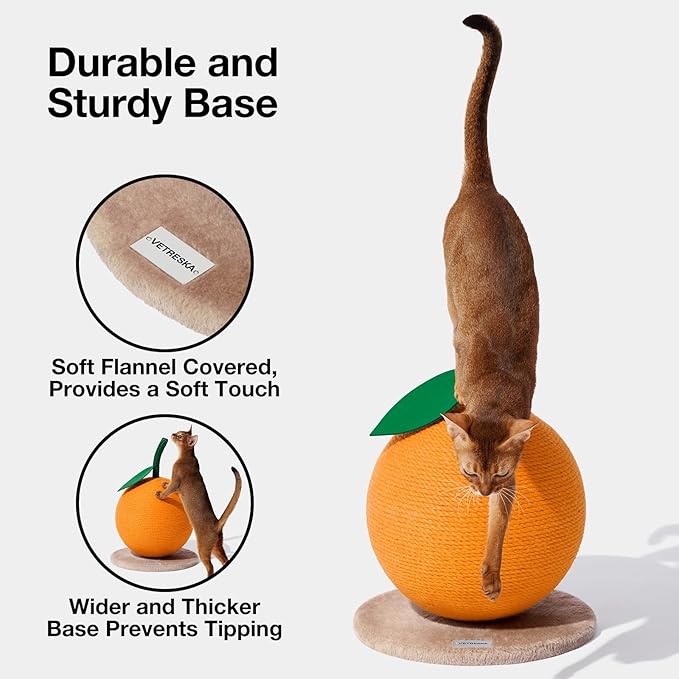 VETRESKA Orange Cat Scratching Post, Cute Cat Scratcher with Sisal Rope, Vertical Cat Scratch Post for Indoor Cat and Kitten, Cat Scratching Ball