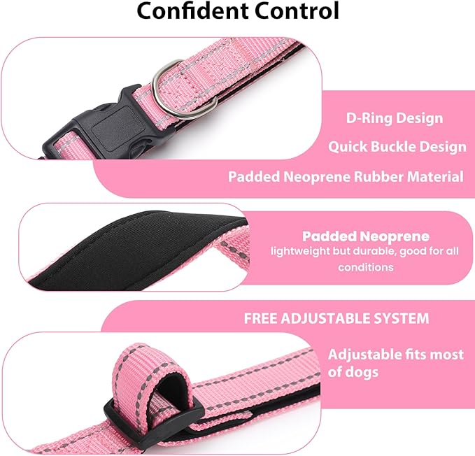 Reflective Dog Collar Padded with Soft Neoprene Breathable Quick Release Basic Dog Collars for Puppy Small Dogs Pink Girl