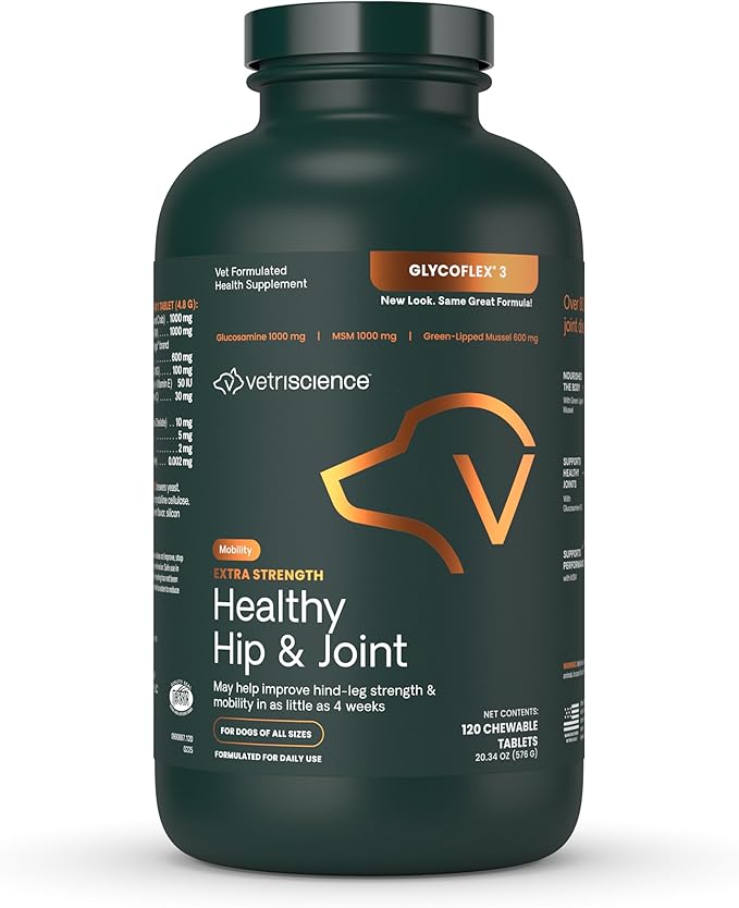 VetriScience Glycoflex 3 Clinically Proven Hip and Joint Supplement for Dogs - Maximum Strength Dog Supplement with Glucosamine, MSM, Green Lipped Mussel & DMG - 120 Chewable Tablets, Chicken Flavor