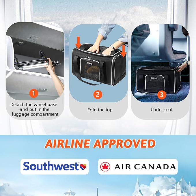 Petskd Top-Expandable Pet Carrier with Wheels 18x13x9.5 Inches Southwest Airline Approved, Soft-Sided Carrier for Small Cats Dogs with Locking Safety Zippers and Anti-Scratch Mesh(Black)