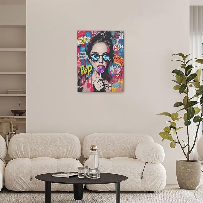 Fashion Women Wall Art Glam Modern Artwork for Girls Banksy Street Graffiti Pop Art Canvas Pictures Painting Print Framed Decorations Gifts for Bedroom Living Room Office 12"x16"