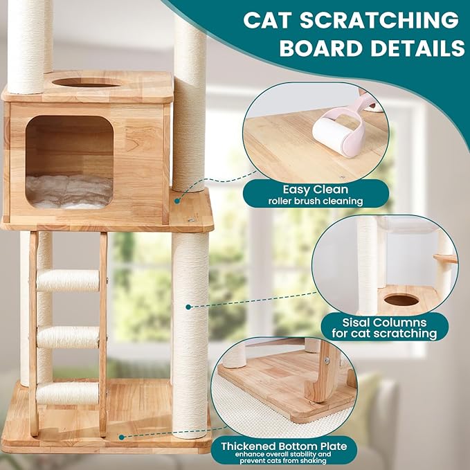 65-inch Tall Cat Tree，Cat Tower for Indoor Cats with Feel-Safe Enclosed Cat Cave、Scratching Post、Space Capsule Nest and Cat Ladder
