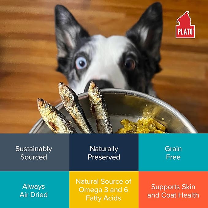 PLATO Pet Treats Fish Dog Treats - Air-Dried, Single Ingredient Dog Treat - with Omega 3 & 6 Fatty Acids to Support Skin and Coat - 100% Whole Fish - Wild Caught Baltic Sprat Dog Treats - 7.5 oz