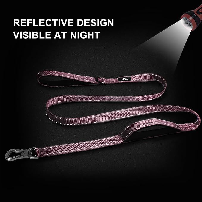 TwoEar 4FT 1IN Strong Pink Dog Leash with 2 Padded Handles, Traffic Handle Extra Control, Comfortable Soft Dual Handle, Auto Lock Hook, Reflective Walking Lead for Small Medium and Large Dogs