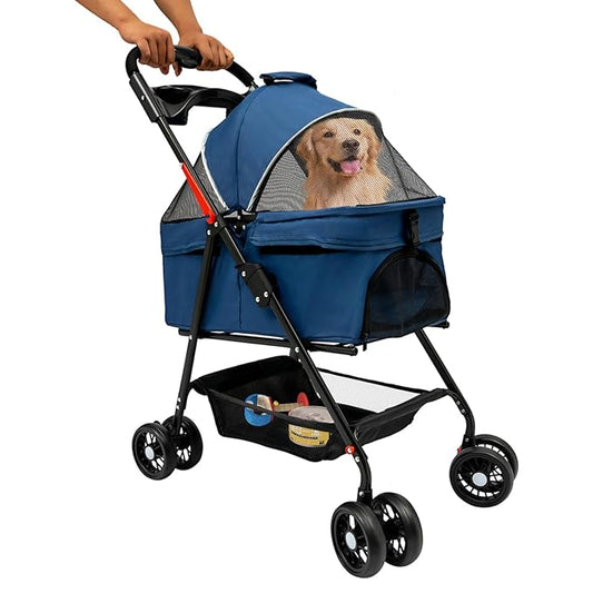 Pet Stroller, 4 Wheels Dog Cat Carrying Cart, Foldable Puppy Carrier with Storage Bag and Detachable Grid Structure for Small/Medium Dogs Cats Up to 44Lbs (Blue)