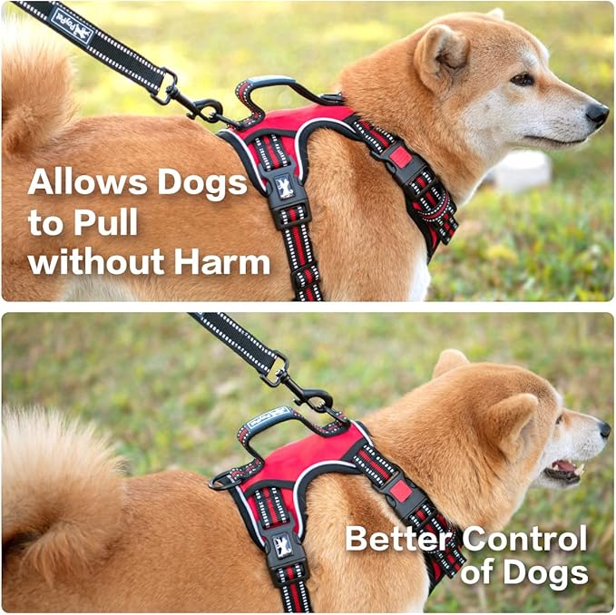PoyPet No Pull Dog Harness, No Choke Front Clip Reflective Dog Vest with Soft Padded Vertical Handle, 3 Leash Attachments for Small Medium Large Dogs (Red,L)