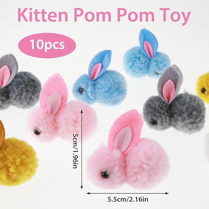 10Pcs Plush Toy Balls, Cute Bunny Shape Kitten Pompom Soft 5.5cm/2.16in Puff Ball Indoor Fun Colorful Cat Ball Toy Pom Pom Balls for Pet