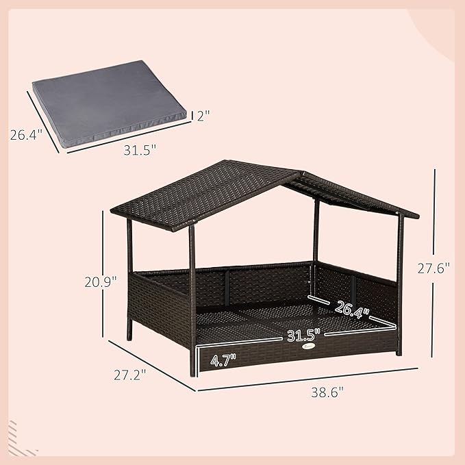 PawHut Wicker Dog House Outdoor with Canopy, Rattan Dog Bed with Water-Resistant Cushion, Raised Dog Bed for Small, Medium Dogs up to 66 lbs, 19.75" in Length, Brown Wicker, Gray Cushion