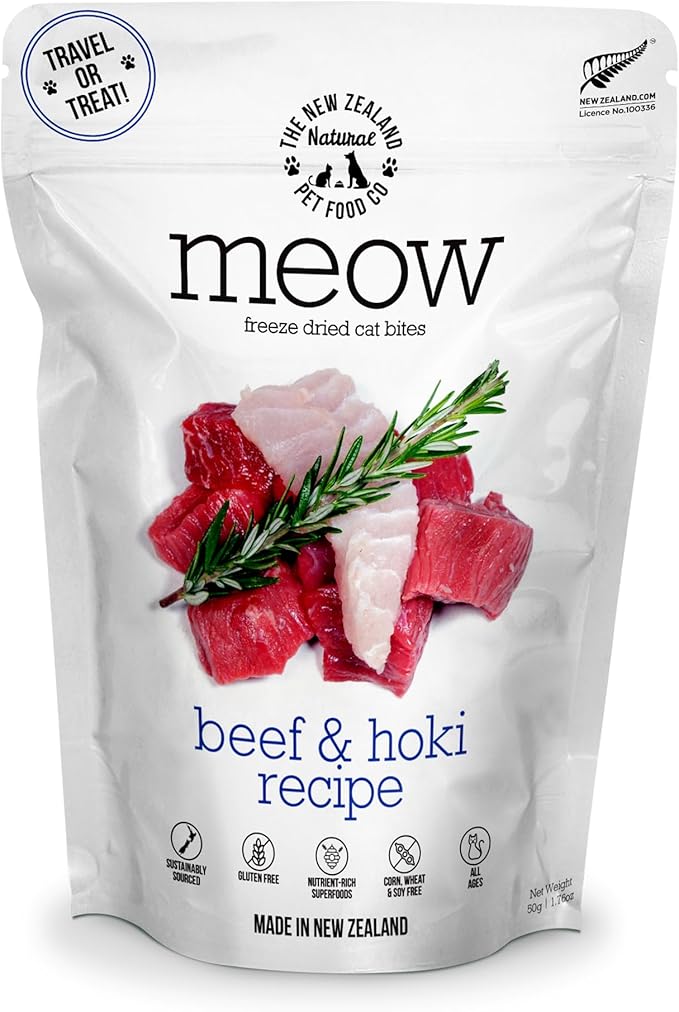 Meow Freeze Dried Cat Food - Beef & Hoki Recipe, High Protein Cat Treats, Meals & Toppers, Dry Cat Food,1.76 oz