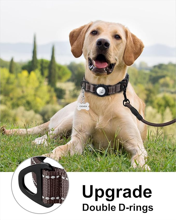 TagME Airtag Dog Collar,Waterproof Reflective Pet Collar with Airtag Holder,Soft Padded and Double D-Rings for Large Dogs,Brown