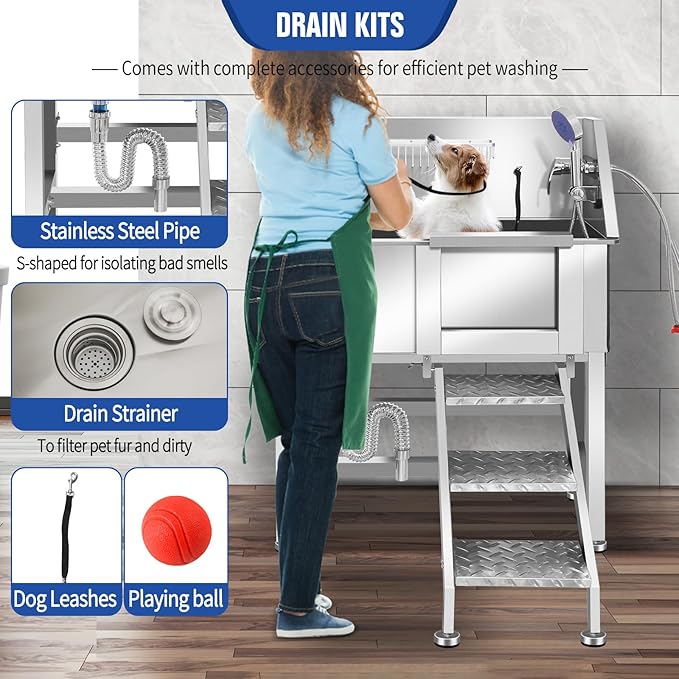 Stainless Steel Dog Washing Station for Large Dogs, Dog Grooming Tub for Home, Professional Dog Bathtub Bathing Station, Pet Wash Station, Dog Shower Tub with Stairs, Drain & Door,34" R-RAMP