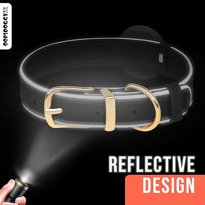 OOPSDOGGY Reflective Geniune Leather Airtag Dog Collar Soft Padded Collars for Small Medium Large Breed Dogs Puppy, 4 Sizes, 7 Colors (Brown, Medium, 12"-15")
