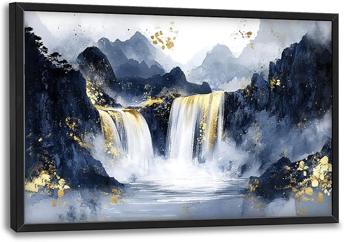 Extra Large Abstract Golden Waterfall Framed Wall Art for Living Room,Oversized Foggy Mountain Pictures Wall Decor,Canvas Print Painting Modern Artwork Bedroom Office Bathroom 36L" x 24W"