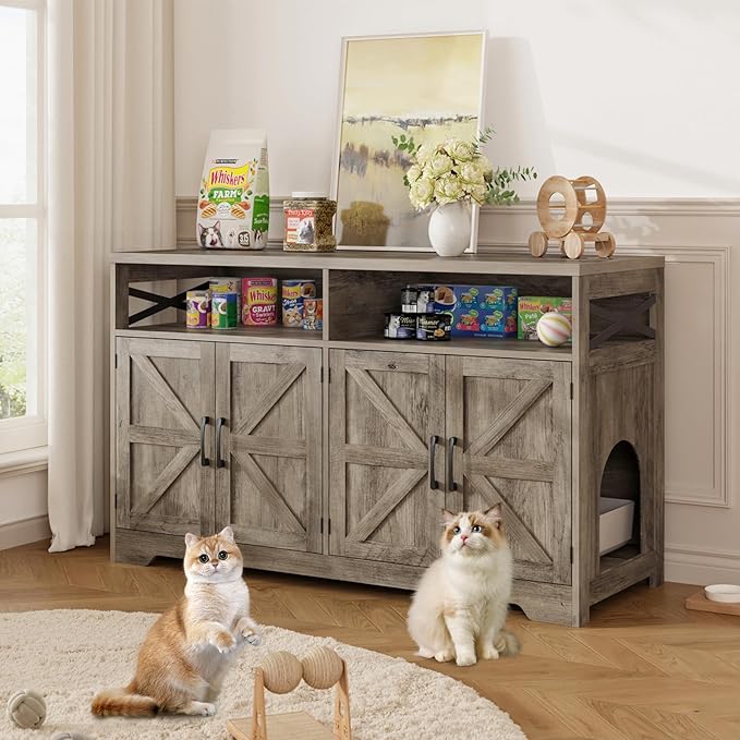 Cat Litter Box Enclosure for 2 Cats, 47" Hidden Litter Box Furniture Cat Washroom with Double Large Room, Farmhouse Indoor Litter Box Cabinet TV Stand, Grey