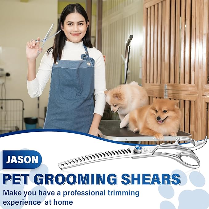 JASON 7" Curved Chunker Dog Scissors - Ergonomic Dog Grooming Scissors Silver Curved Dog Shears 440C Stainless Steel Grooming Shears Professional Pet Shears For Groomer (21-Teeth)