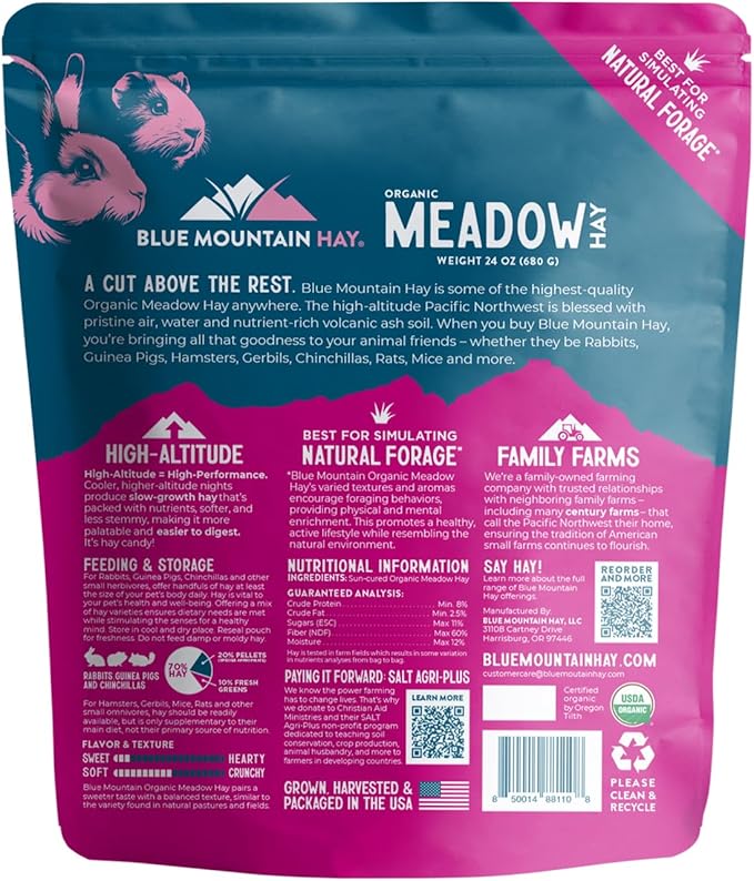 Blue Mountain Hay | Fresh Organic Meadow Hay (24 Ounce) | Mimics Natural Forage | High-Altitude Hay Pet Food for Rabbits, Guinea Pigs, Chinchillas, Hamsters, and Other Small Pets