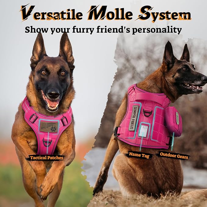 rabbitgoo Dog Harness Medium Sized No Pull, Tactical Service Pet Vest with Molle and Control Handle, Adjustable and Reflective Military Harness for Easy Walking and Training, Rose Red, M
