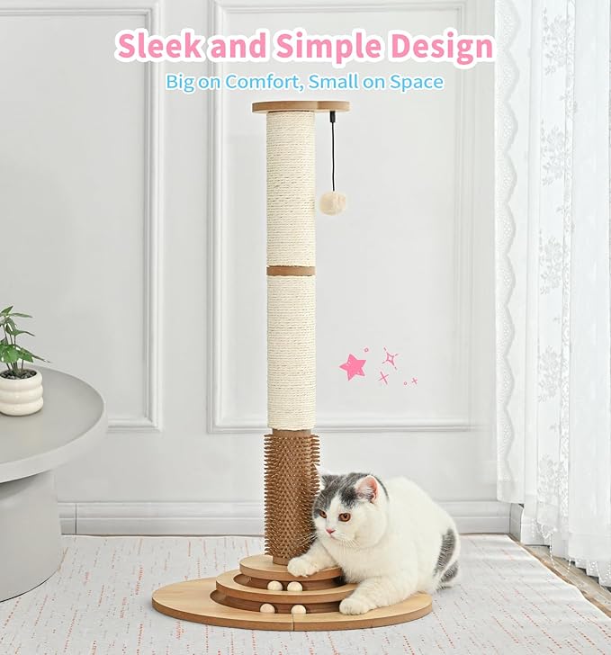 Made4Pets Cat Scratching Post Premium Sisal Cat Scratcher Kitten Toys for Indoor Kittens 33.6" Tall Cat Tower Scratch Post Cat Tree Wooden Interactive Ball Track Cat Toy with Hanging Ball, Beige