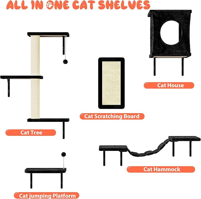 NUNU LAB Wall Mounted Cat Furniture, 5 Pcs Cat Wall Shelves with House, Bridge, Steps, Scratching Post, Shelves, Indoor Safe & Stable Furniture for Kittens Play, Black