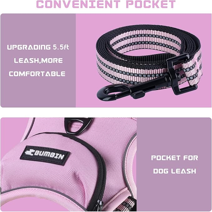 BUMBIN Dog Harness for Large Dogs, No Pull Adjustable No Choke Pet Vest with Dog Leash Fit Smart Reflective Pet Walking Harness for Training Easy Control Soft Handle Pink M