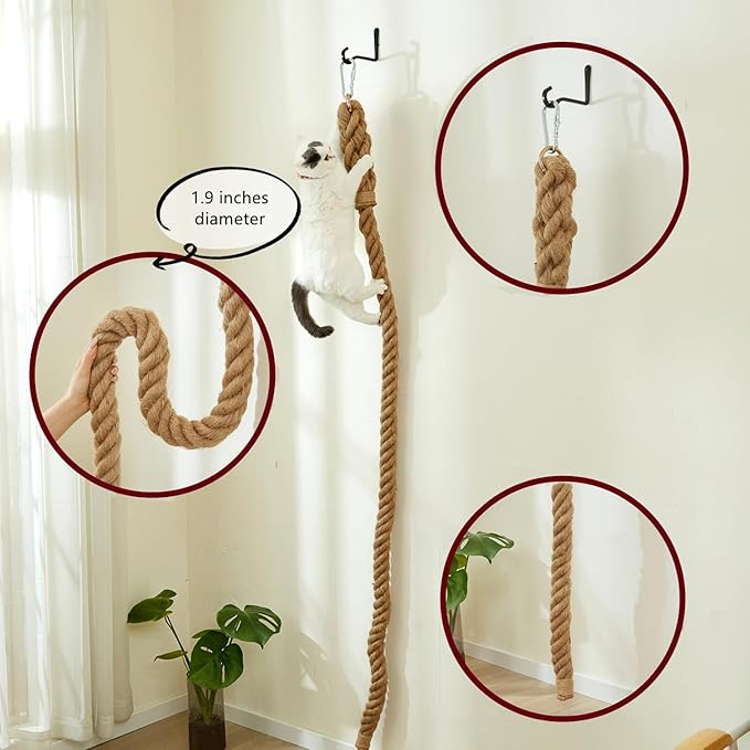 SHENGOCASE 1.9" x 6.56Ft Cat Climbing Jute Rope with Hook, Wall Mounted Furniture for Indoor and Outdoor Cat, Cimbing Pole (6.56 Feet)