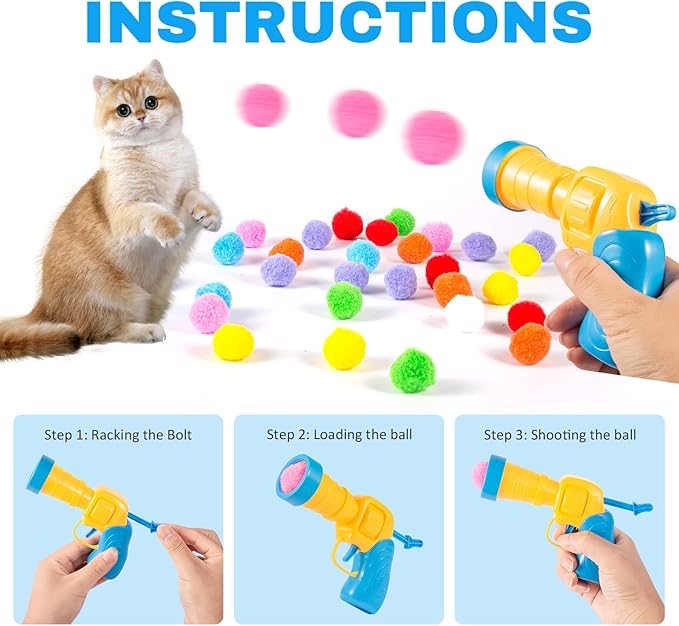 Dorhui Cat Toy Balls with Launchers Set, 30 Pcs Sparkle Pom Ball for Cat,Cat Enrichment Toys,cat Toys for Indoor Cats, Interactive Glitter Pom Ball for Kitty Gifts