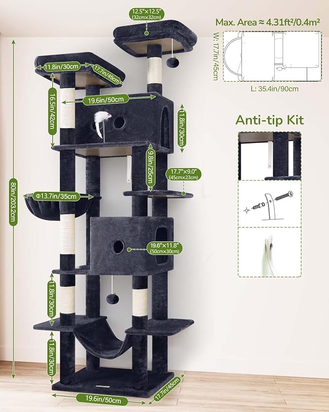 Globlazer Large Cat Tree Tower Condo, 80in Tall Cat Tree for Multiple Indoor Cats Large Adult, XXL Big Cat Climbing Tower with Cat Caves, Sisal Scratching Posts, Top Perches, Hammock, S80B, Dark Gray