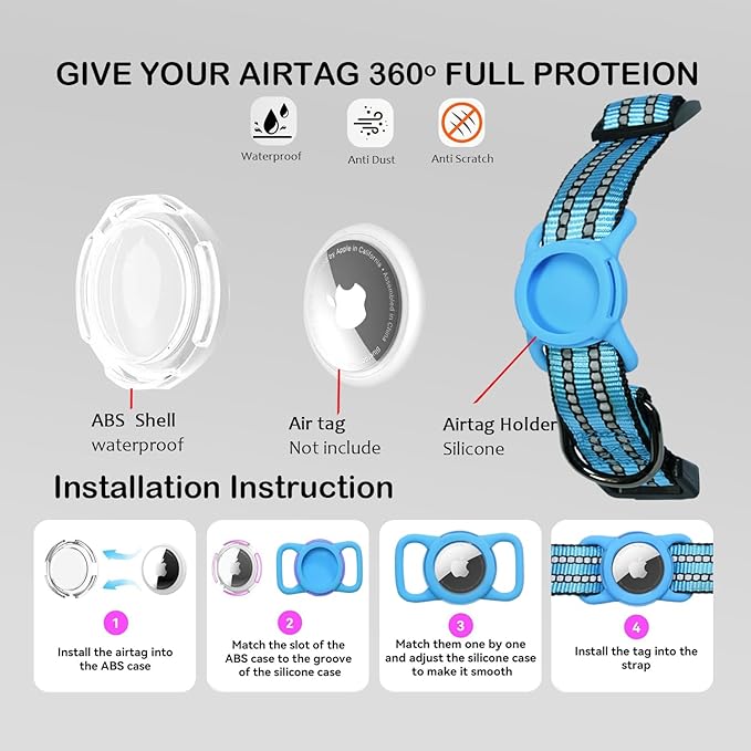 Reflective Dog Collar with Apple AirTag Holder & QR Code Pet ID Tag,Soft Nylon Adjustable Dog Tracker Collar with Safety Lock for Small Dogs (Blue, S)