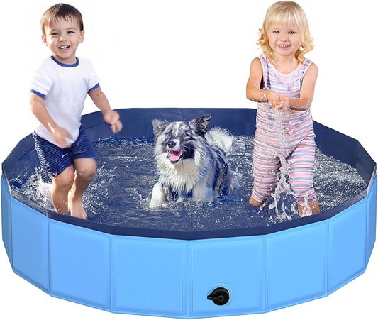 55.1" x 12" Foldable Dog Pool - Collapsible Hard Plastic Kiddie Pool for Dogs & Kids, Non-Slip Pet Bath Tub for Outdoor Backyard Use, Lightweight & Portable (Blue)