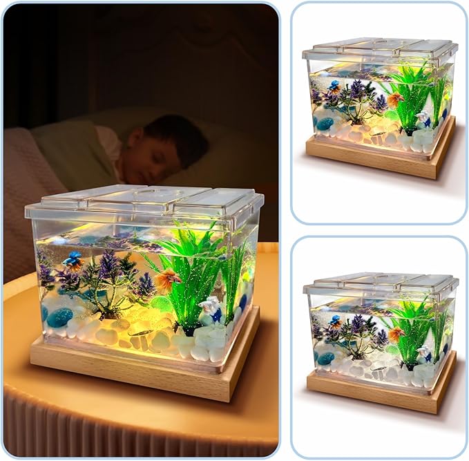 Mini Betta Fish Tank Kit with LED Light Base, Small Fish Bowl for Temporary Space, 0.2 Gallon Stackable Cube Tank with Artificial Plants for Small Fish, Insect, Shrimp, Crab, Spider (Kit-2)