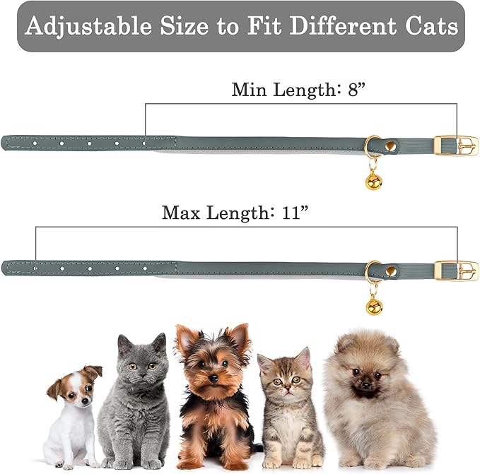 OOPSDOGGY Rolled Leather Cat Collar with Bell - Reflective Kitten Collar with Safety Elastic Strap - Adjustable Small Pet Collars for Boy Girl Cats (Denim)