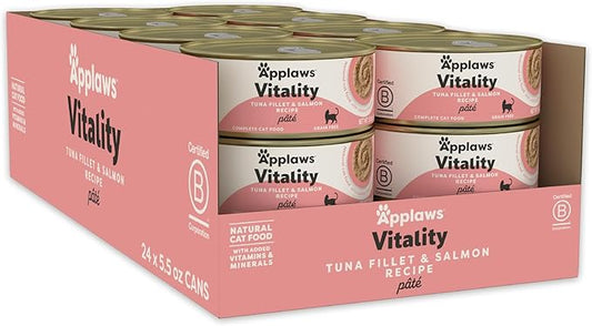 Applaws Vitality Wet Cat Food Paté, Natural Canned Cat Food, Wet Food for Cats with Added Vitamins and Minerals, Grain Free, Carrageenan Free, Tuna Fillet and Salmon (24 Count, 5.5oz Cans)